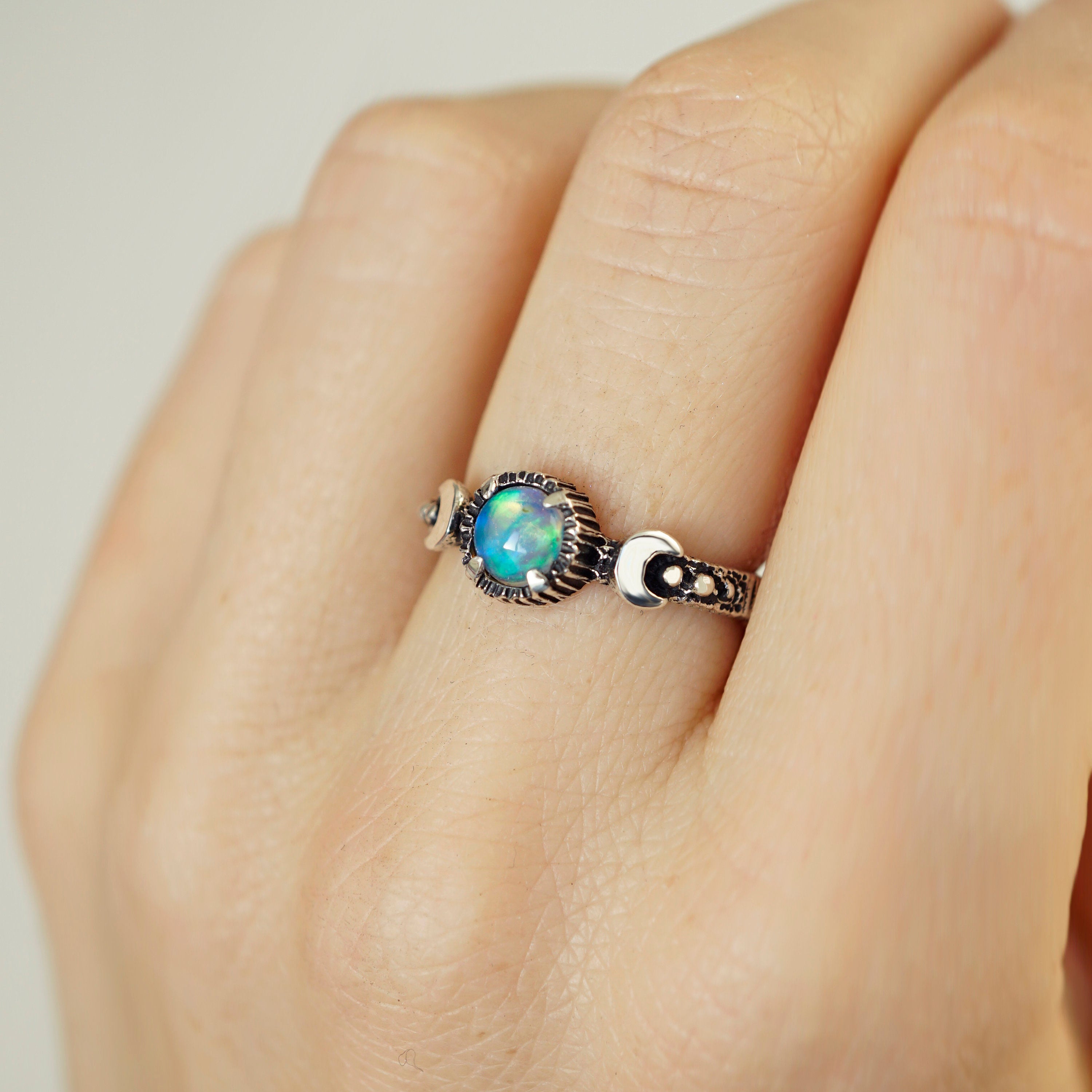 Opal engagement ring, Valentines Day gift, Moon Ring, Fire opal ring, Moon phases ring, Sun and moon ring, Triple Goddess ring