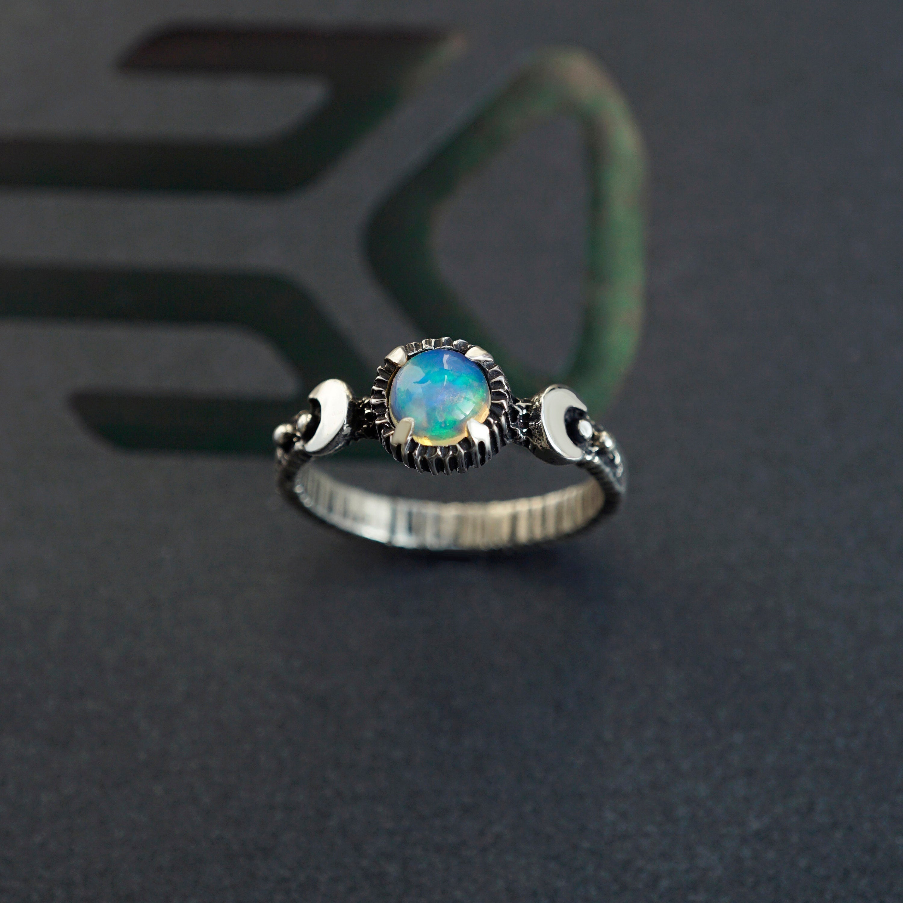 Opal engagement ring, Valentines Day gift, Moon Ring, Fire opal ring, Moon phases ring, Sun and moon ring, Triple Goddess ring