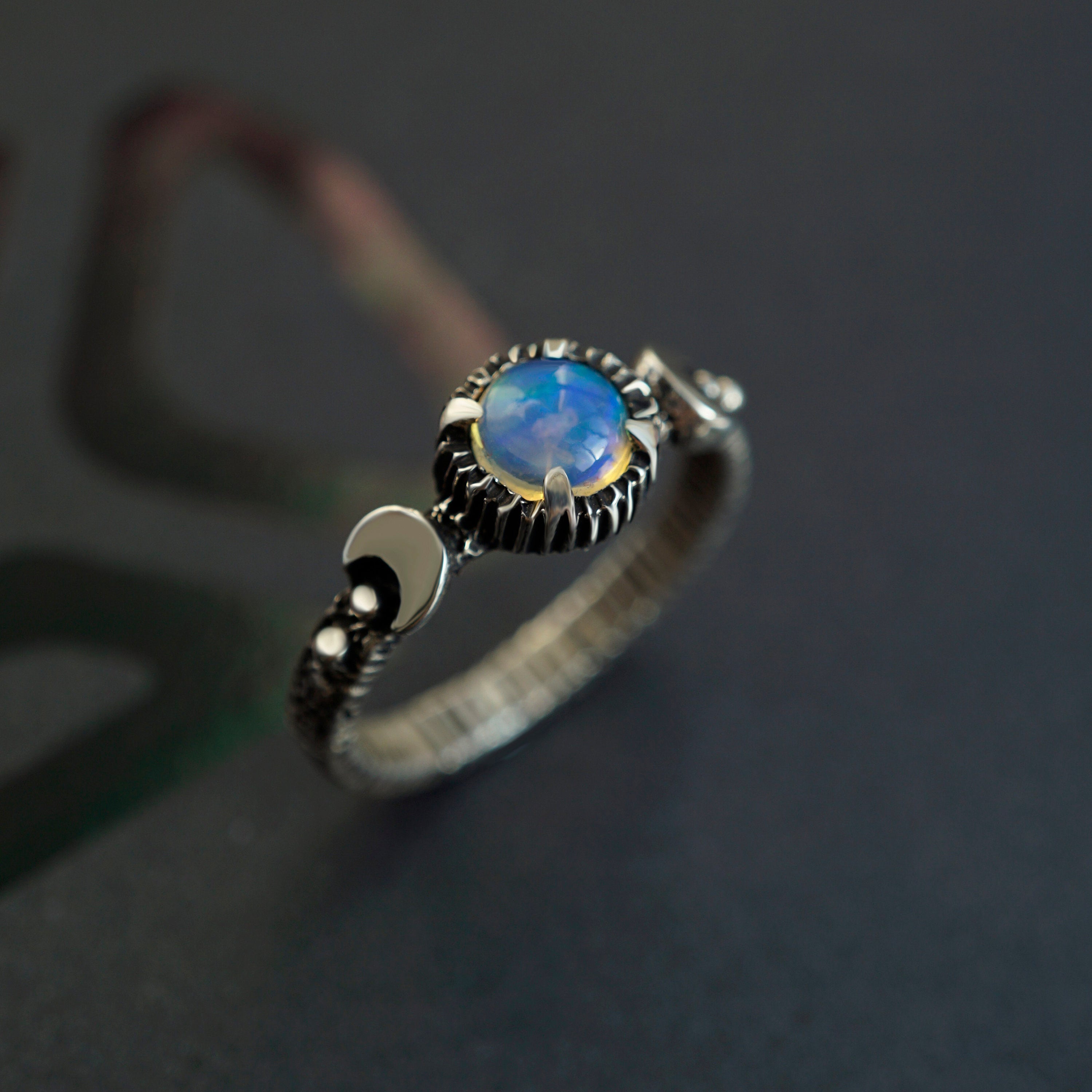 Opal engagement ring, Valentines Day gift, Moon Ring, Fire opal ring, Moon phases ring, Sun and moon ring, Triple Goddess ring