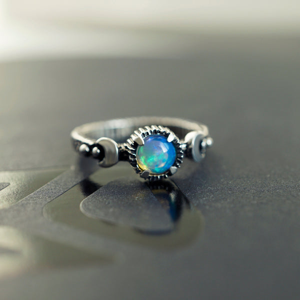 Opal engagement ring, Valentines Day gift, Moon Ring, Fire opal ring, Moon phases ring, Sun and moon ring, Triple Goddess ring "LaLuna"
