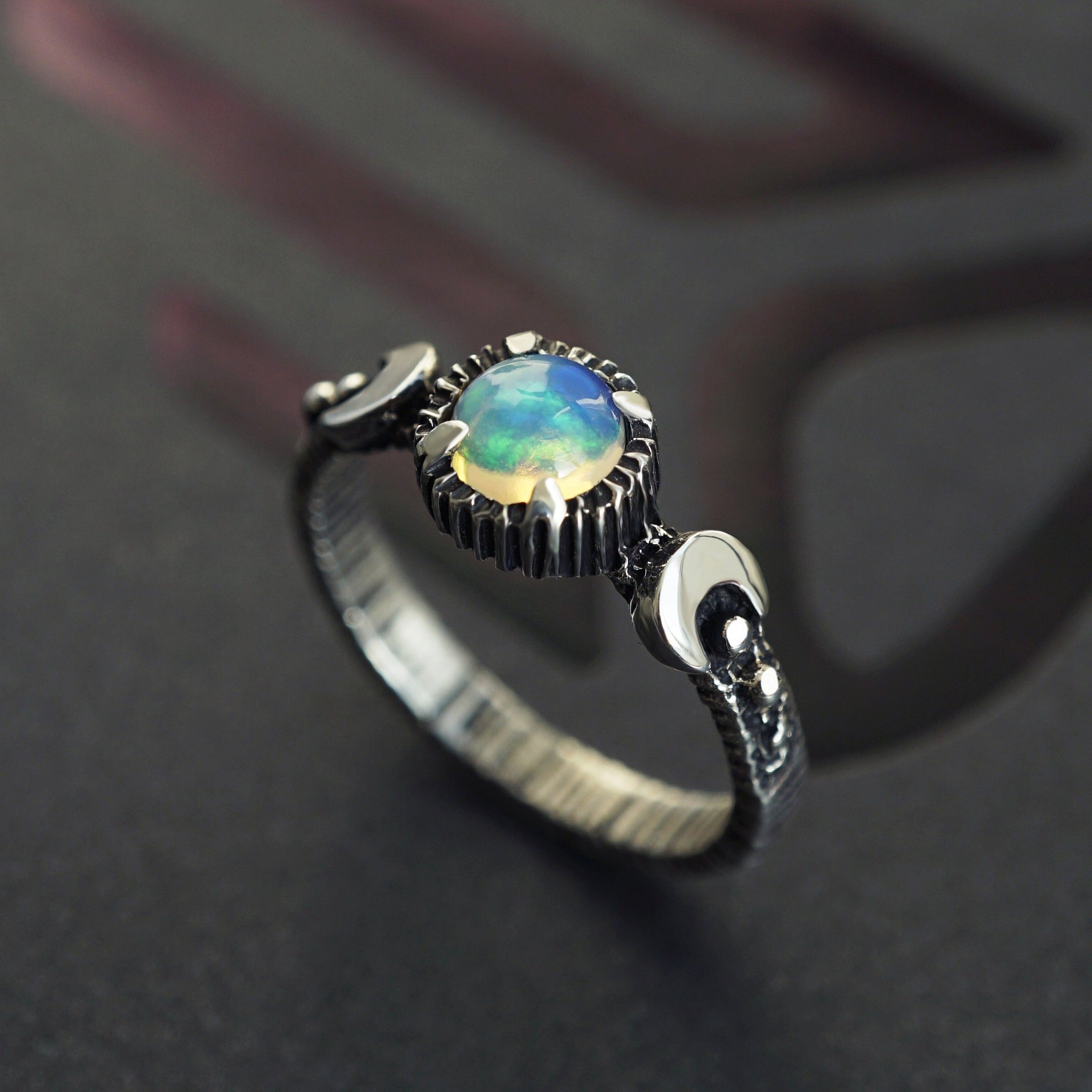 Opal engagement ring, Valentines Day gift, Moon Ring, Fire opal ring, Moon phases ring, Sun and moon ring, Triple Goddess ring