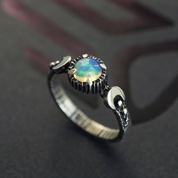 Opal engagement ring, Valentines Day gift, Moon Ring, Fire opal ring, Moon phases ring, Sun and moon ring, Triple Goddess ring "LaLuna"