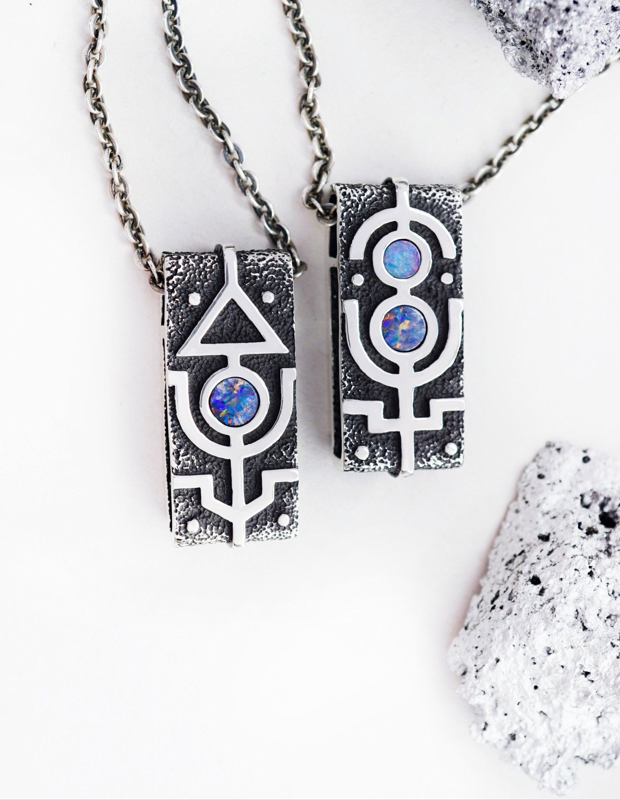 Matching Sterling Silver Couple Pendants with Australian Opal – Romantic Gift for Anniversary, Unique engagement gifts, Engagement necklace, Silver Pendants, Opal pendant, Valentines day gift, Paired pendants