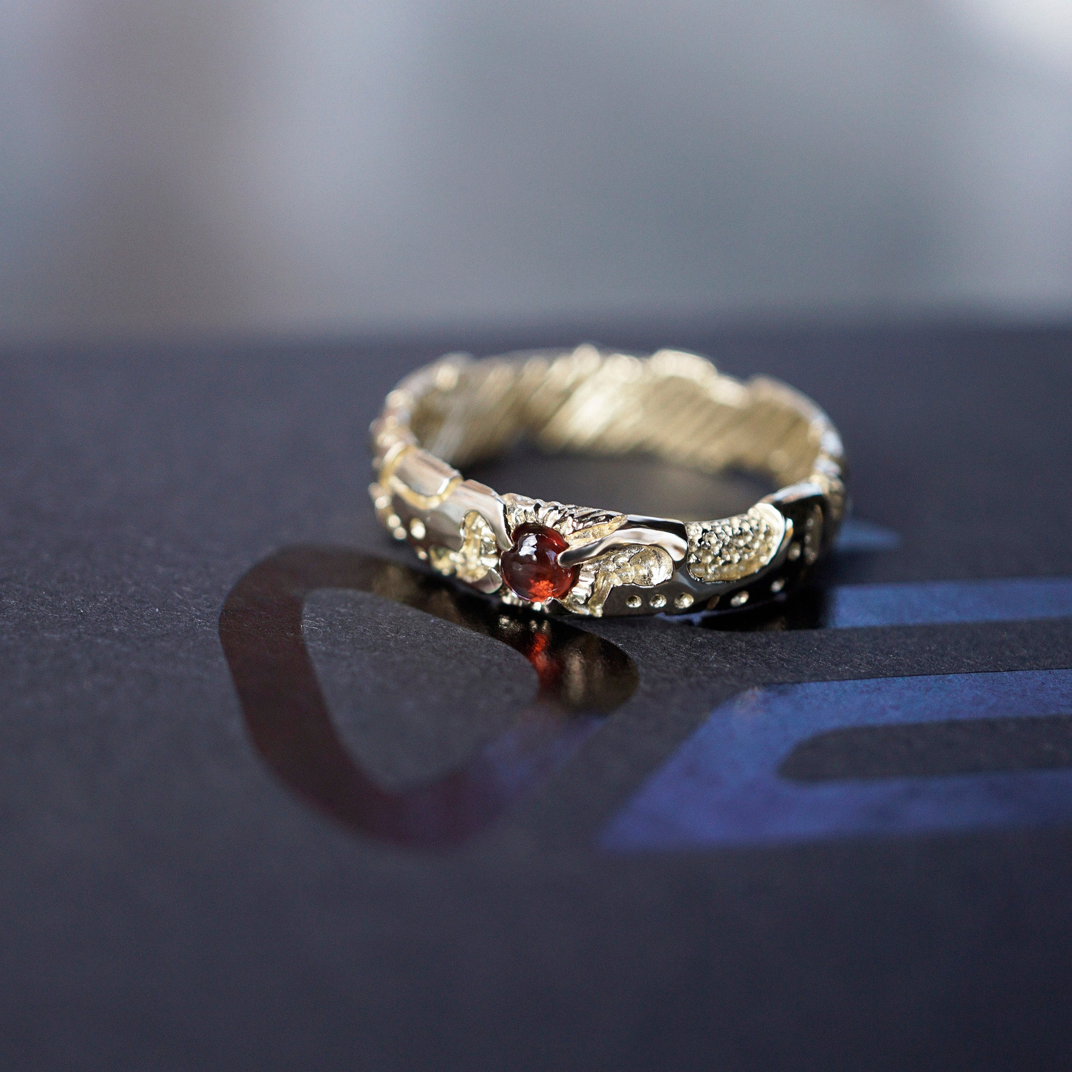 Mens engagement ring 14k gold band with Garnet or Rainbow Moonstone