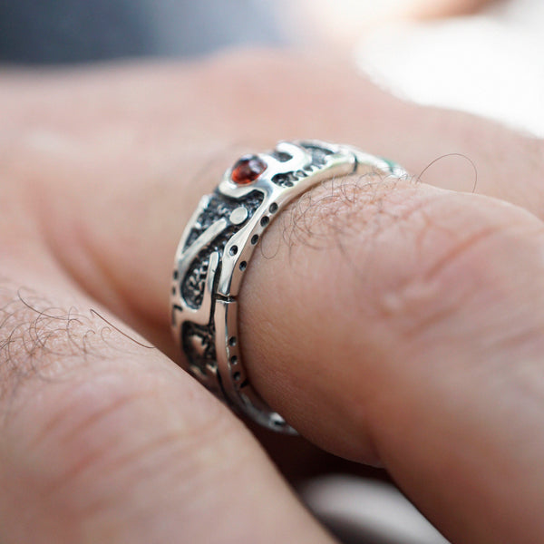 Garnet and Malachite mens silver band ring