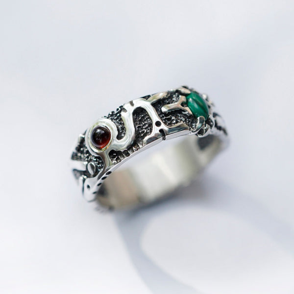 Garnet and Malachite mens silver band ring nuntius by moonique