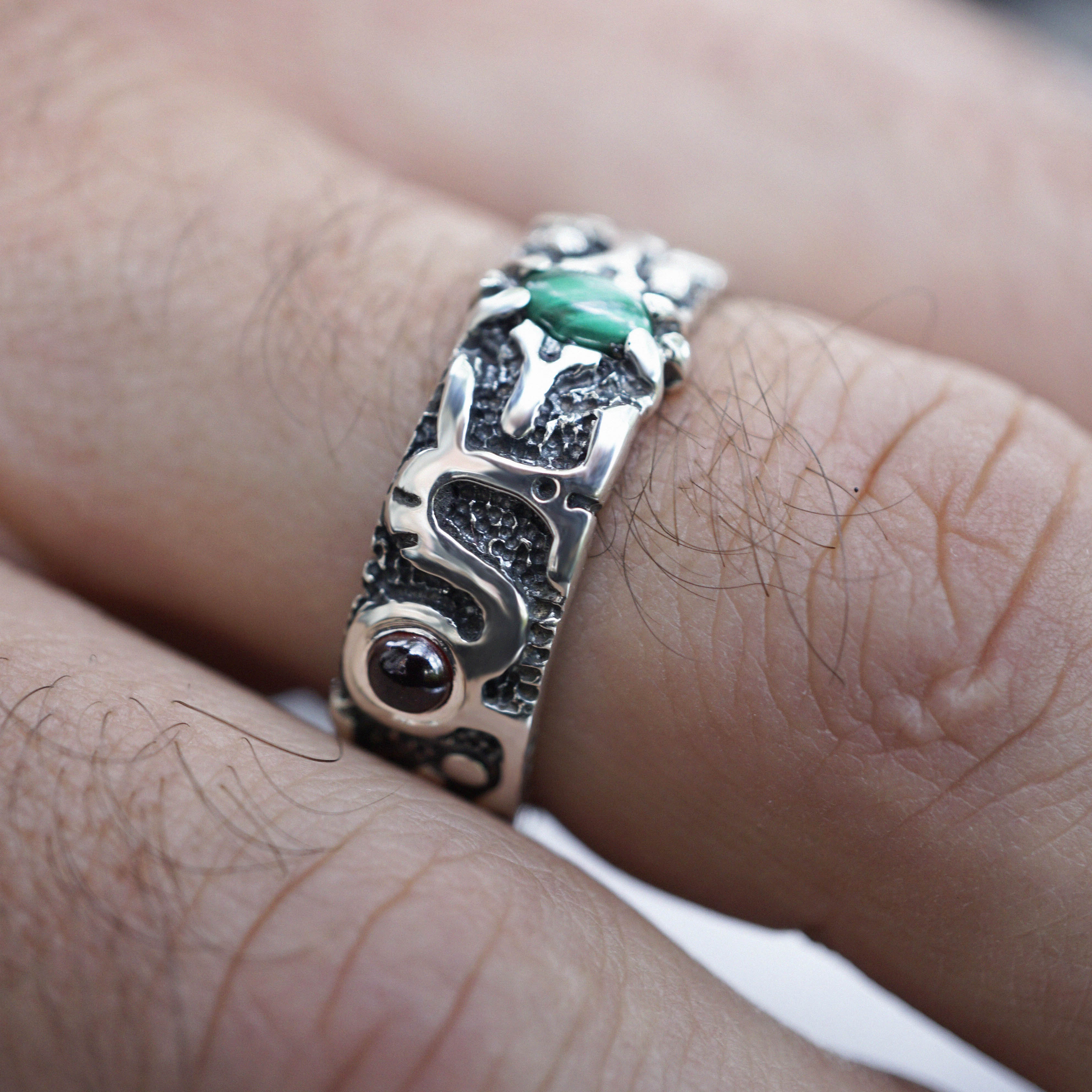 Garnet and Malachite mens silver band ring