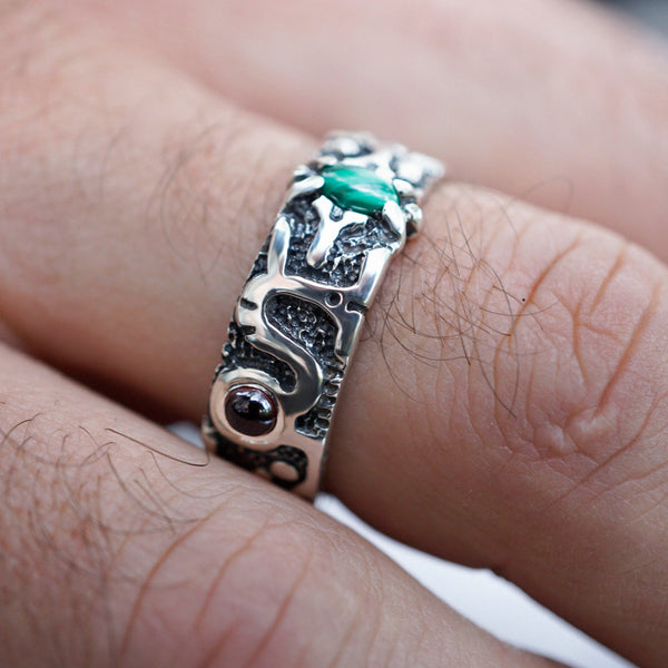 Garnet and Malachite mens silver band ring