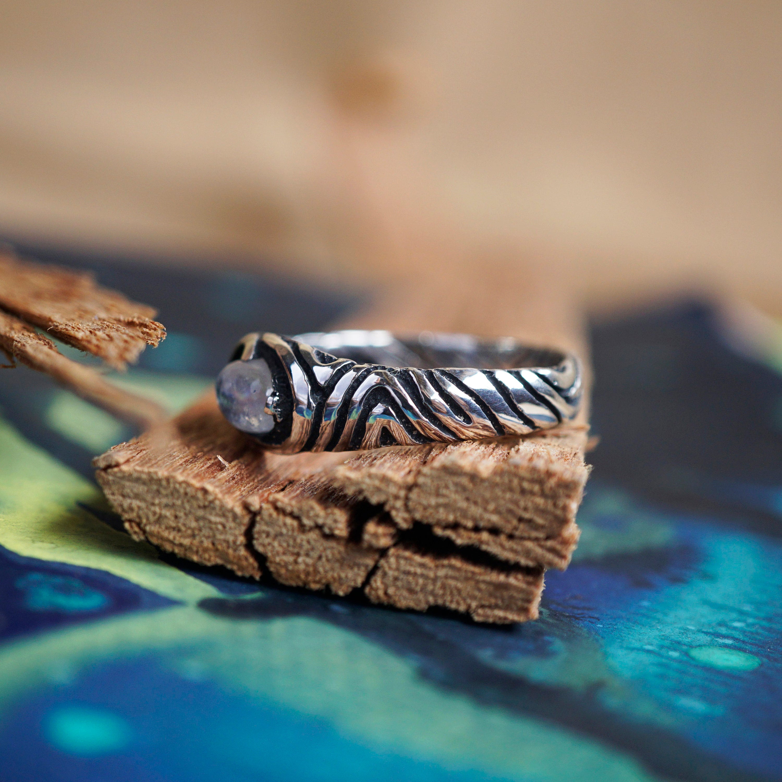 Mens Pinky silver ring, Moonstone signet ring - TORNADO