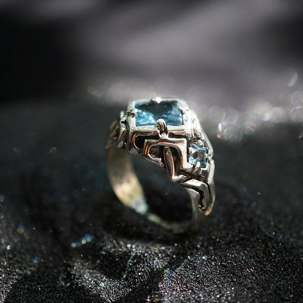 London Blue Topaz engagement ring, sterling silver, unique cyberpunk ring UNA December birthstone, mens silver ring
