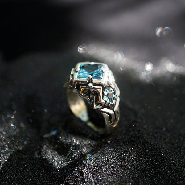 London Blue Topaz engagement ring, sterling silver, unique cyberpunk ring UNA December birthstone