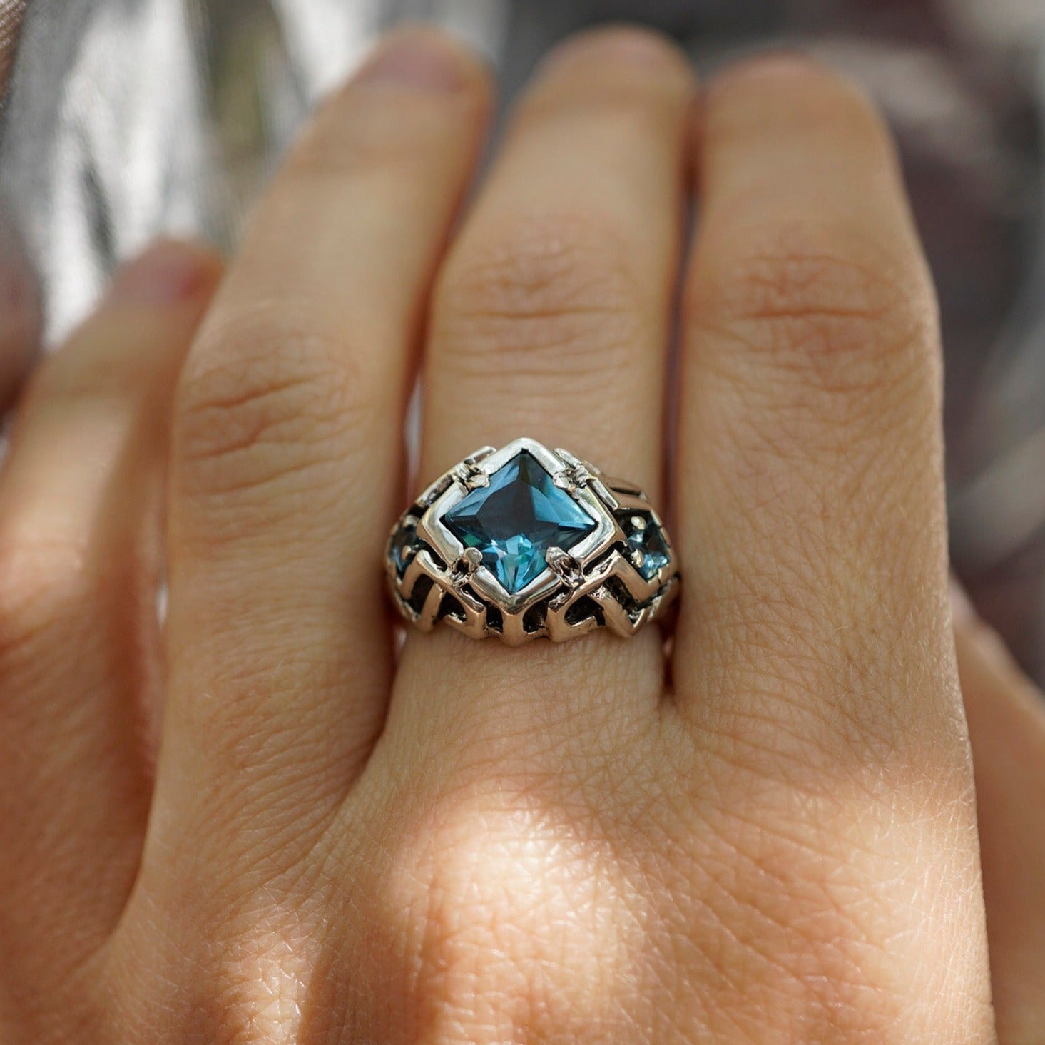 London Blue Topaz engagement ring, sterling silver, unique cyberpunk ring UNA December birthstone