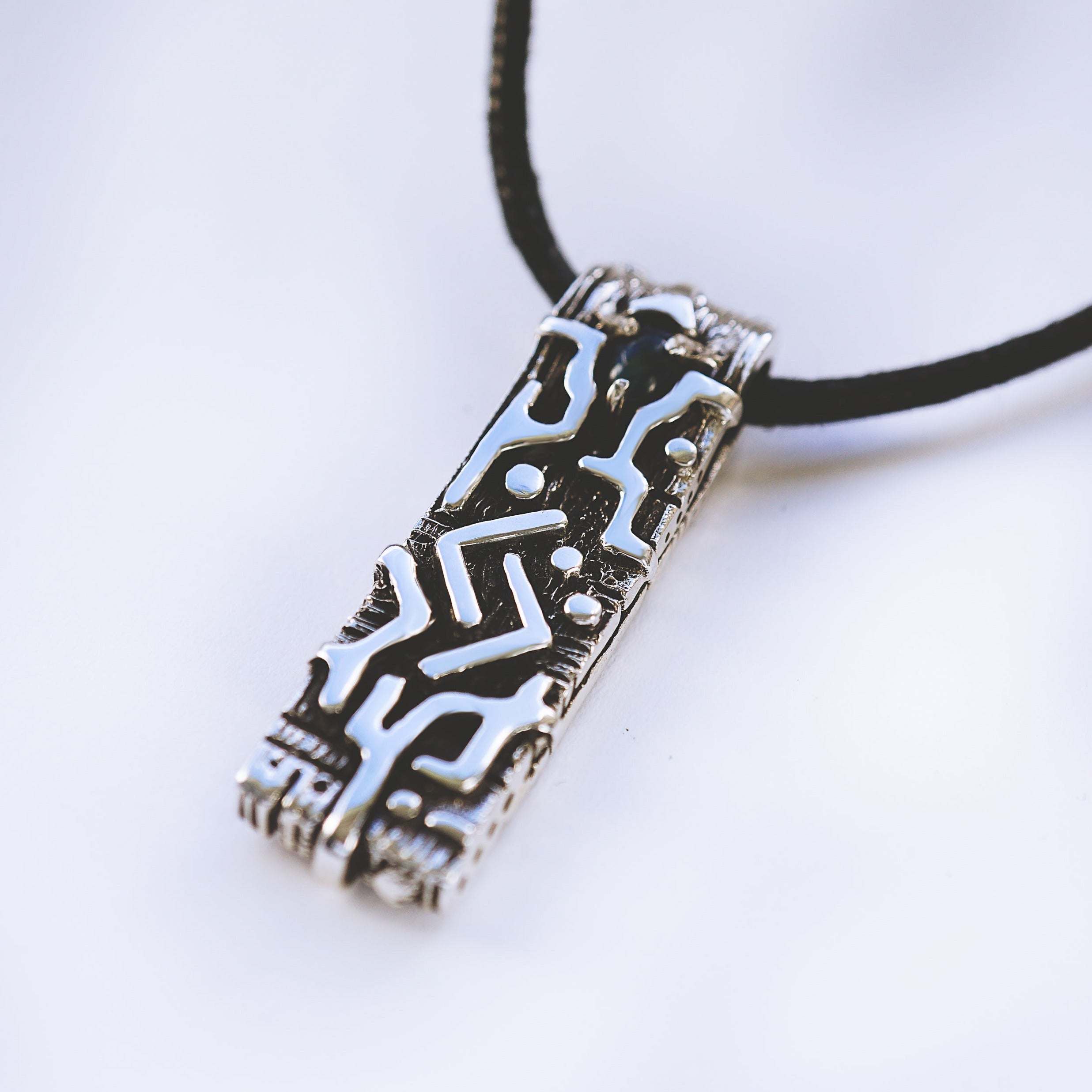 Mens silver pendant Viking runes pendant Black opal Amulet JERA