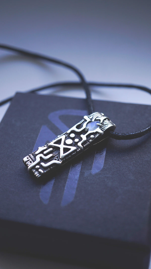 DAGAZ rune pendant , moonstone pendant, talisman, cyberpunk jewelry, moonique silver pendant