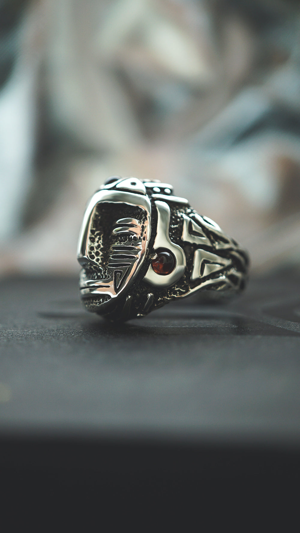 mens silver ring, mens garnet ring, mens ring, aztec ring, face ring . statement ring by moonique