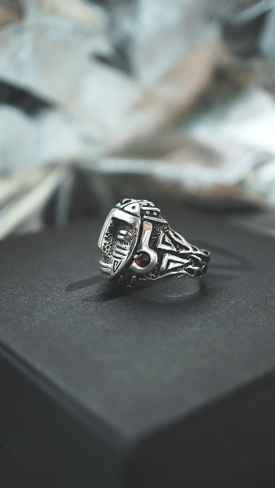 mens silver ring, mens garnet ring, mens ring, aztec ring, face ring . statement ring by moonique