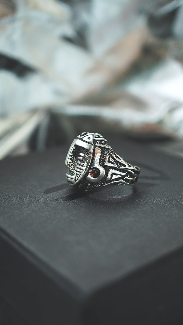 mens silver ring, mens garnet ring, mens ring, aztec ring, face ring . statement ring by moonique