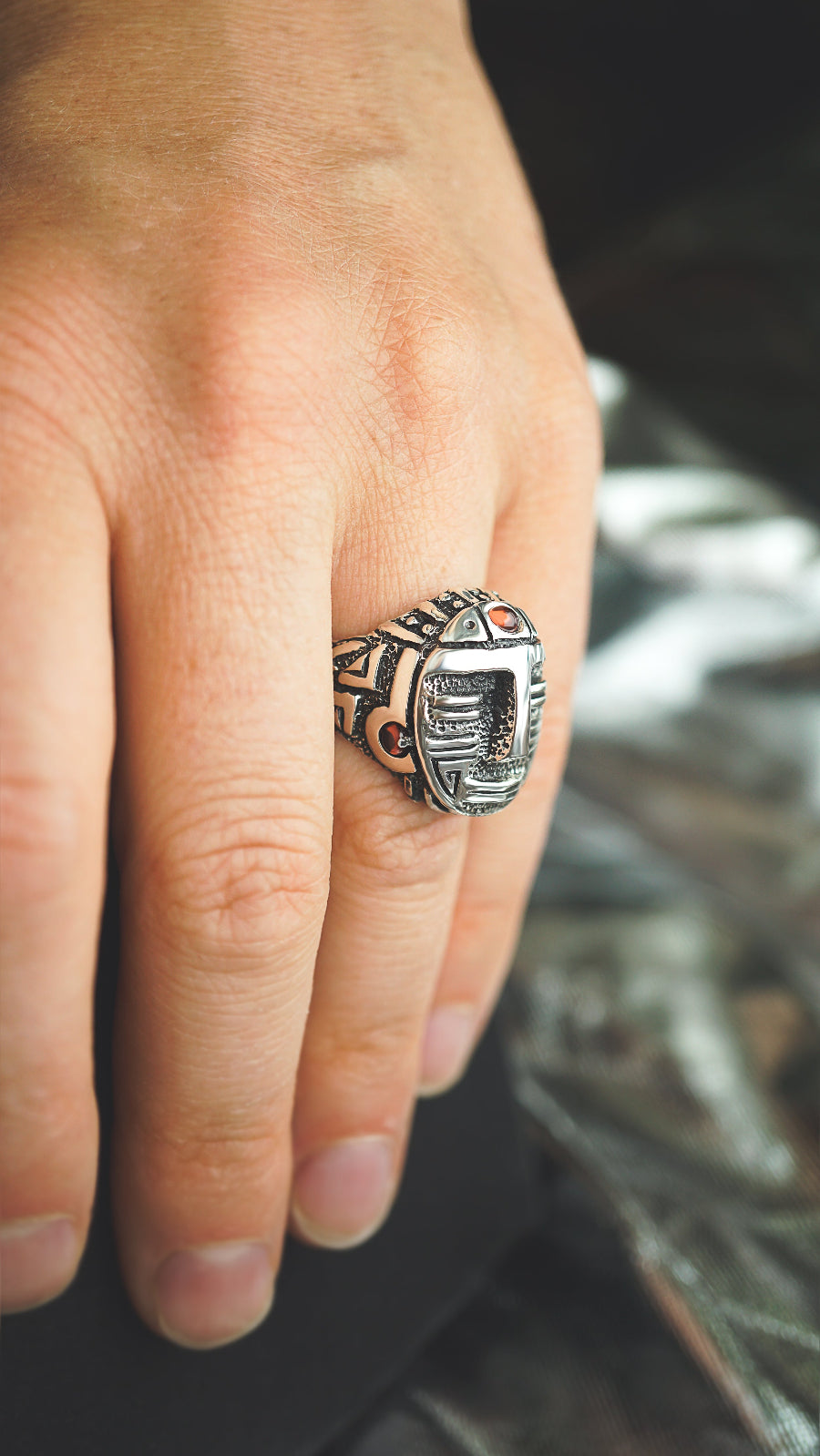 mens silver ring, mens garnet ring, mens ring, aztec ring, face ring . statement ring by moonique