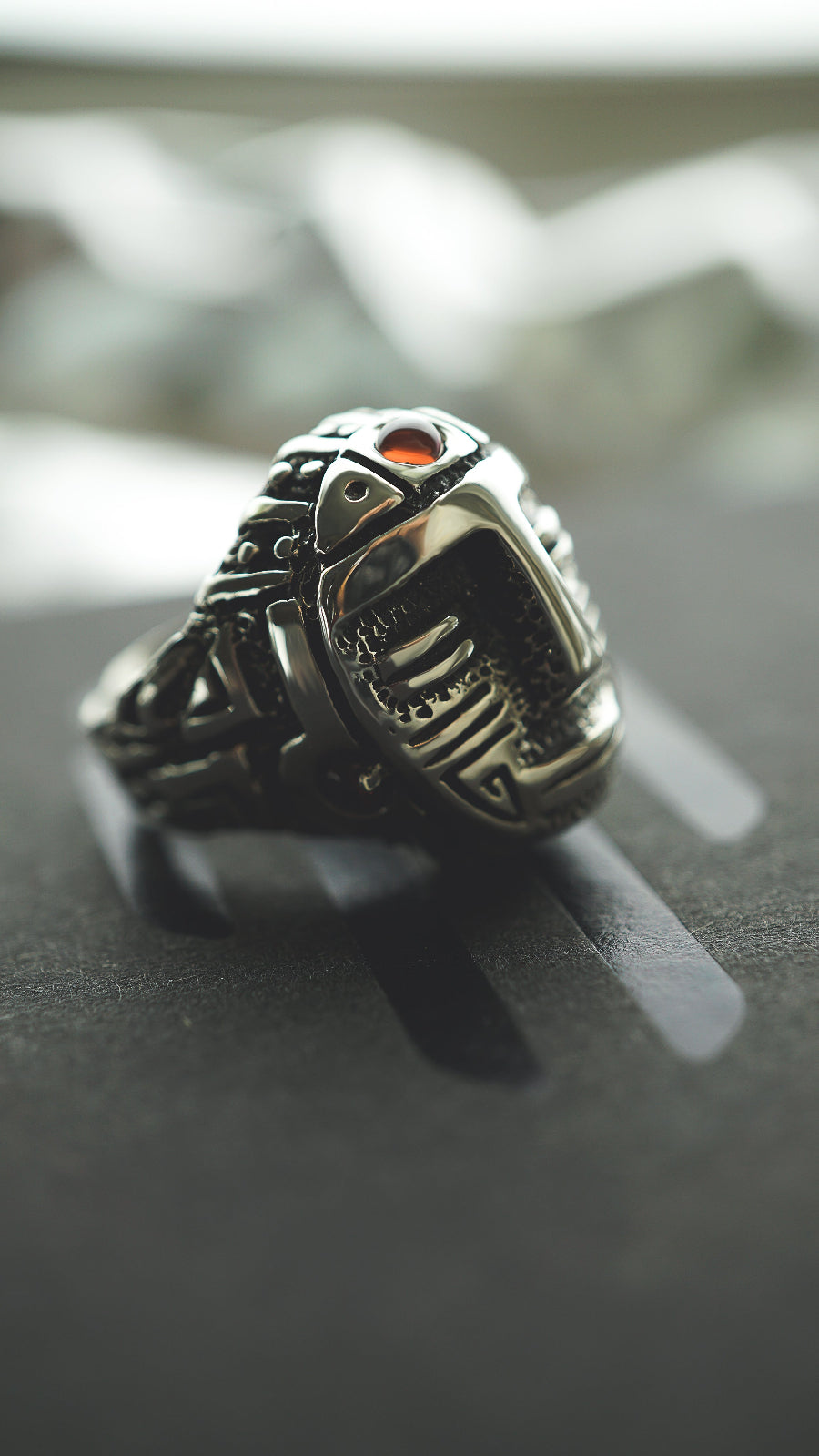 mens silver ring, mens garnet ring, mens ring, aztec ring, face ring . statement ring by moonique