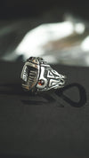 mens silver ring, mens garnet ring, mens ring, aztec ring, face ring . statement ring by moonique