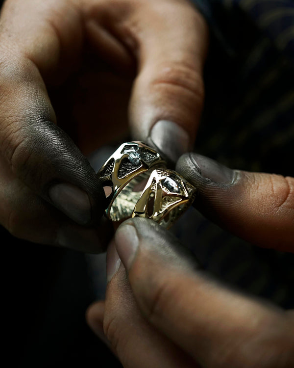 one of kind custom made 14k gold wedding bands with natural salt and pepper diamonds. handmade wedding rings , his and hers wedding bands by moonique
