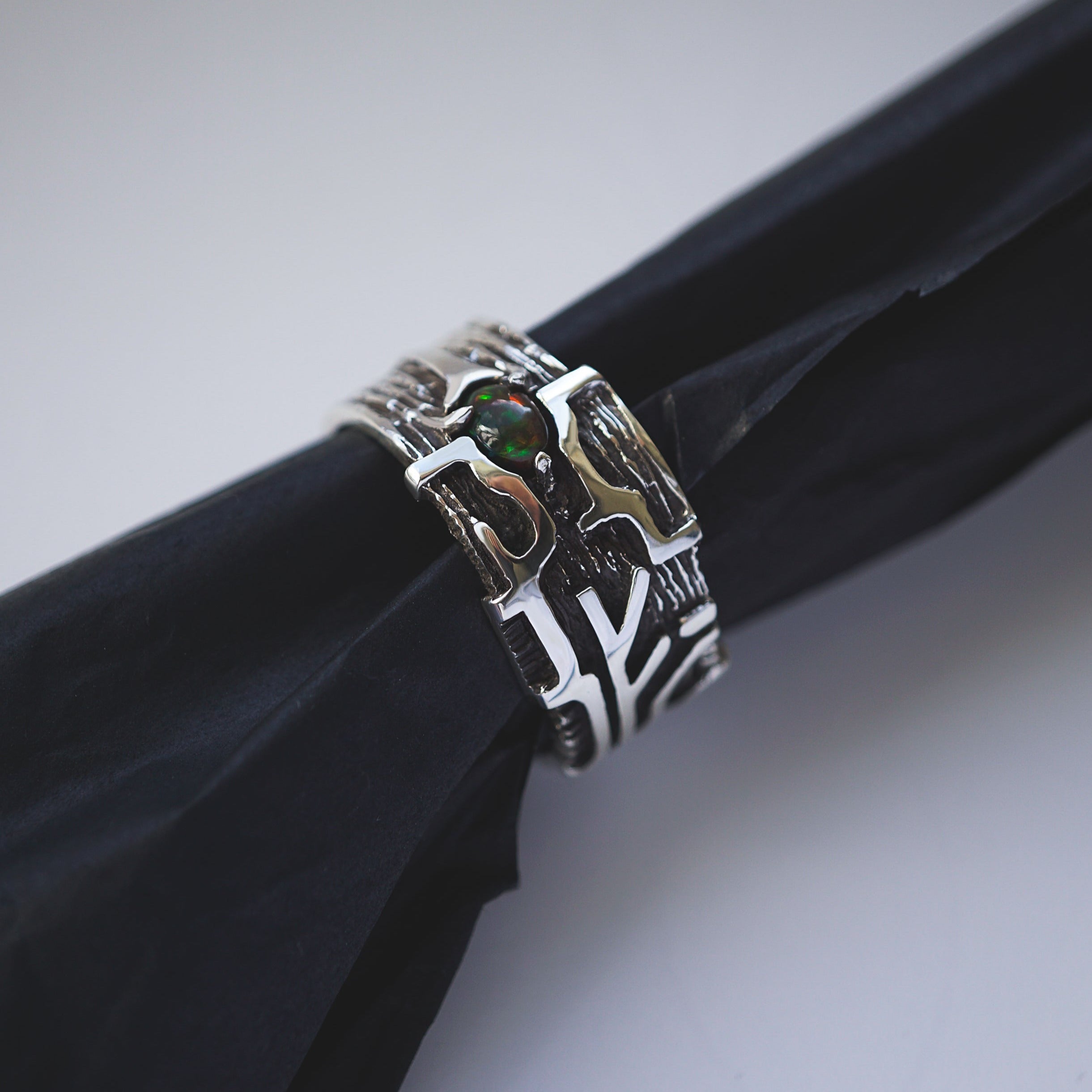 Mens silver rings Black opal ring FEHU rune Unique mens rings Viking runes Band mens rings