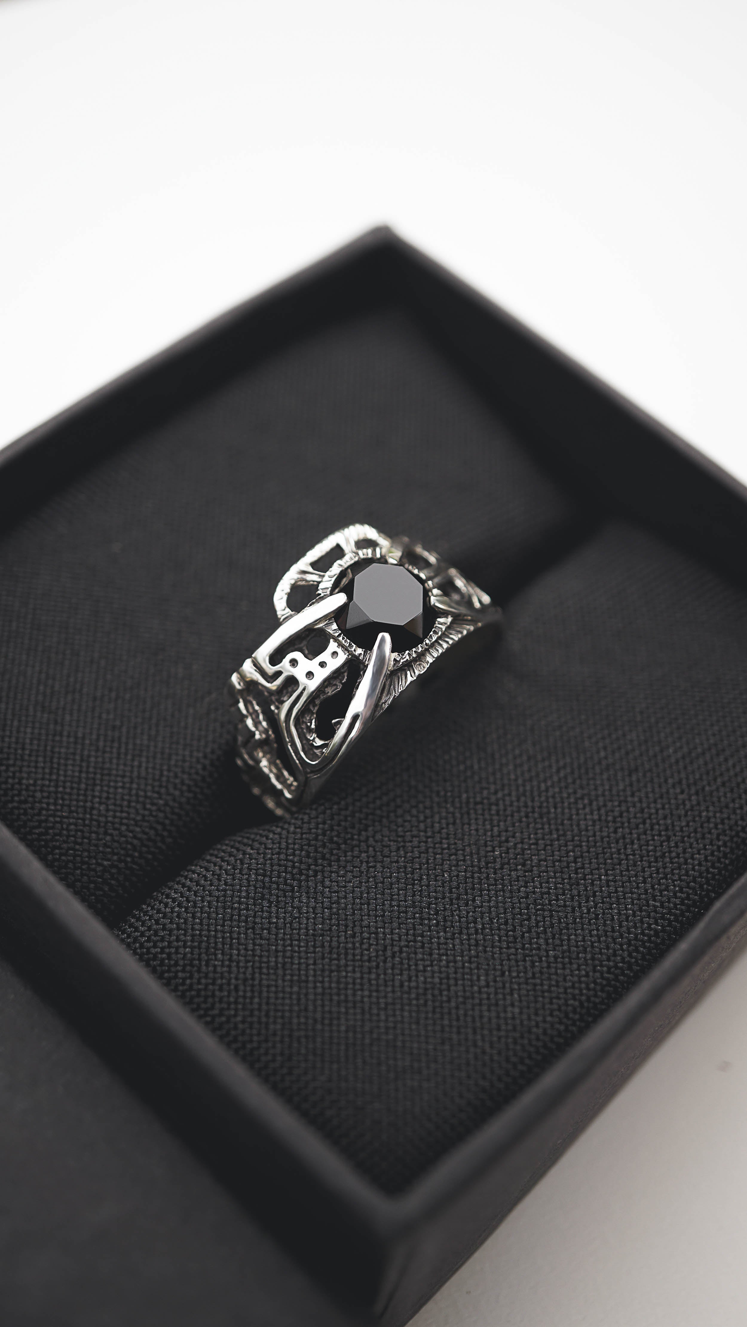 mens silver ring with black onyx by moonique, cyberpunk ring, mens silver band