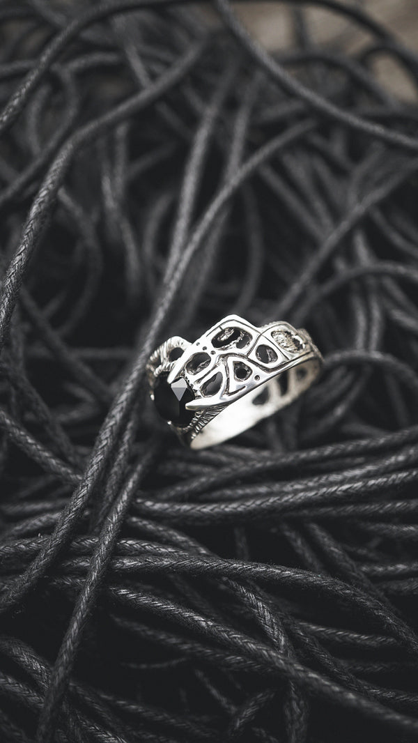 mens silver ring with black onyx by moonique, cyberpunk ring, mens silver band