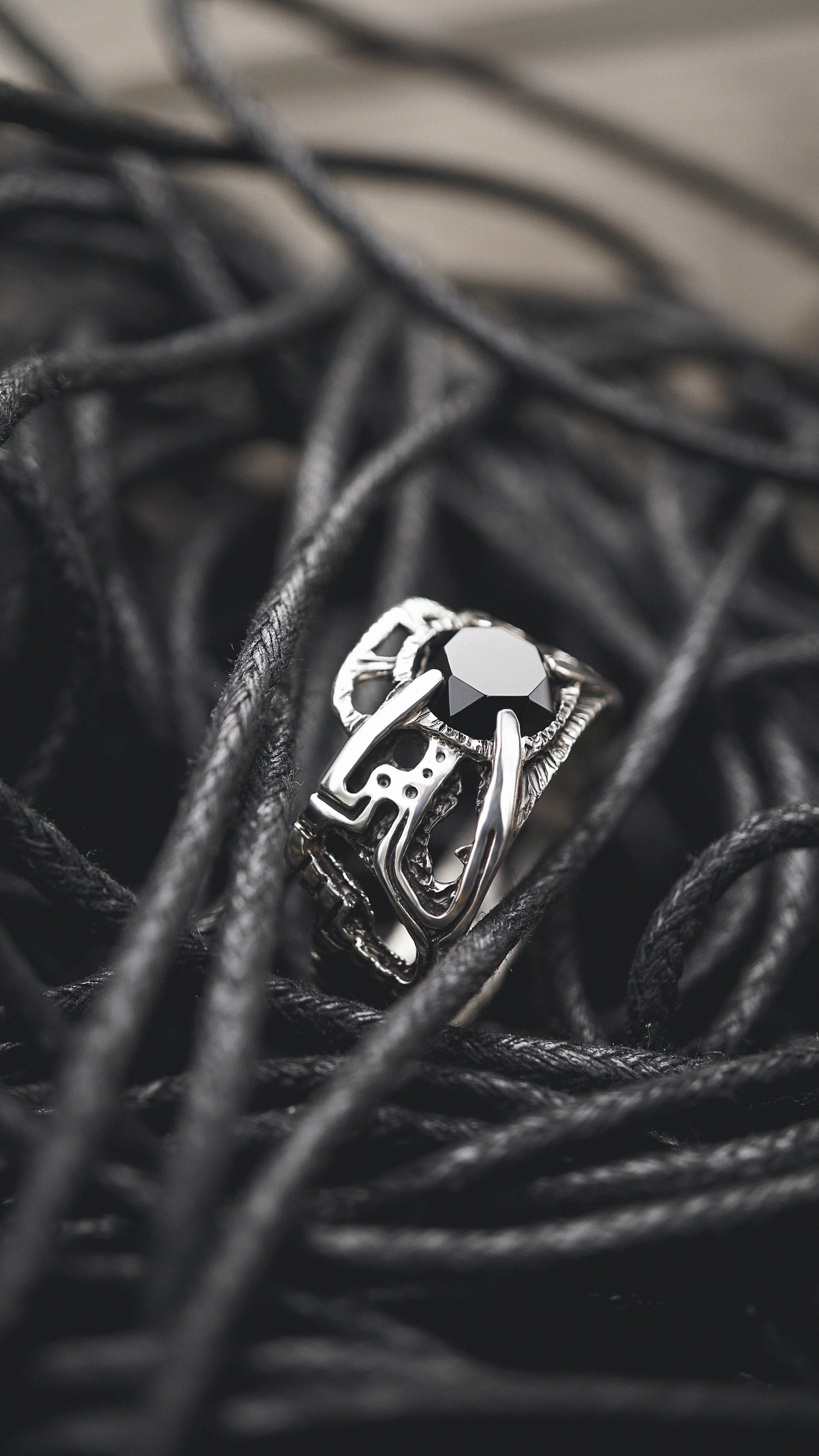 mens silver ring with black onyx by moonique, cyberpunk ring, mens silver band