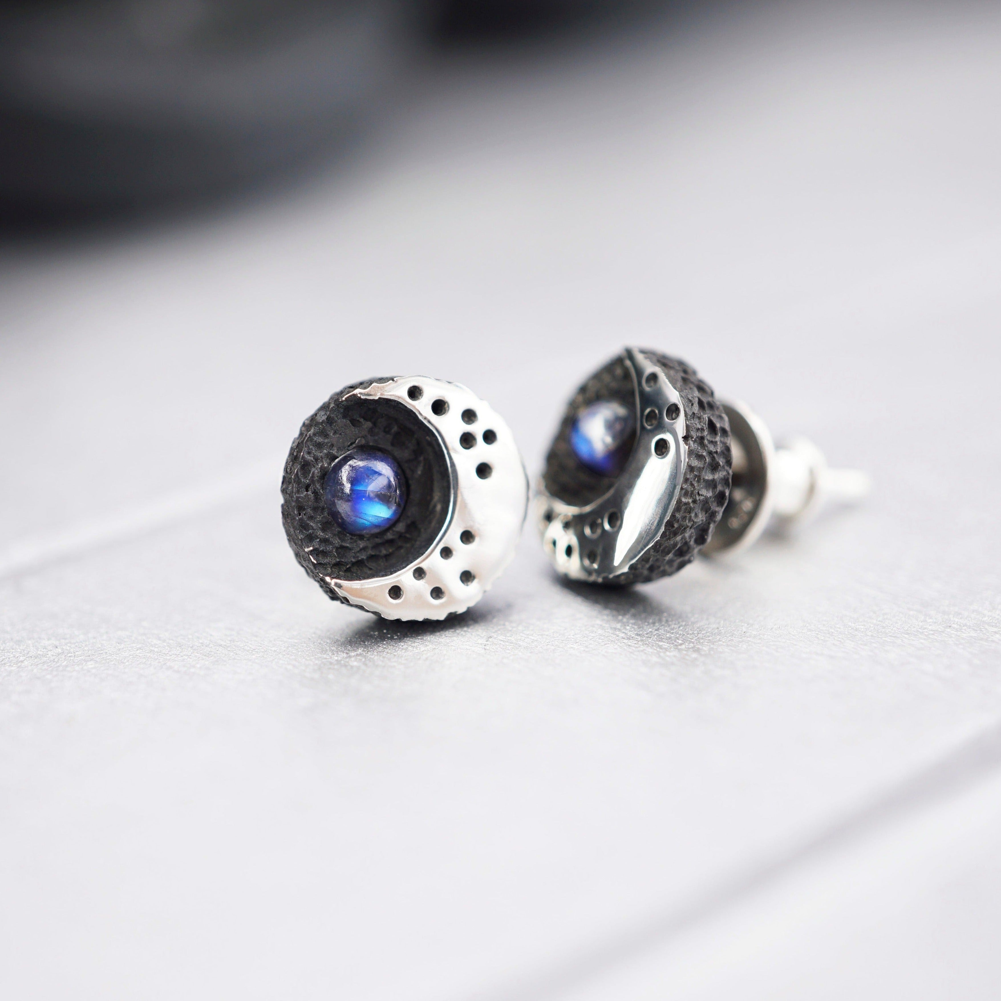 Luna crescent moon phase moonstone stud earrings with rainbow moonstone. ready to ship from EU