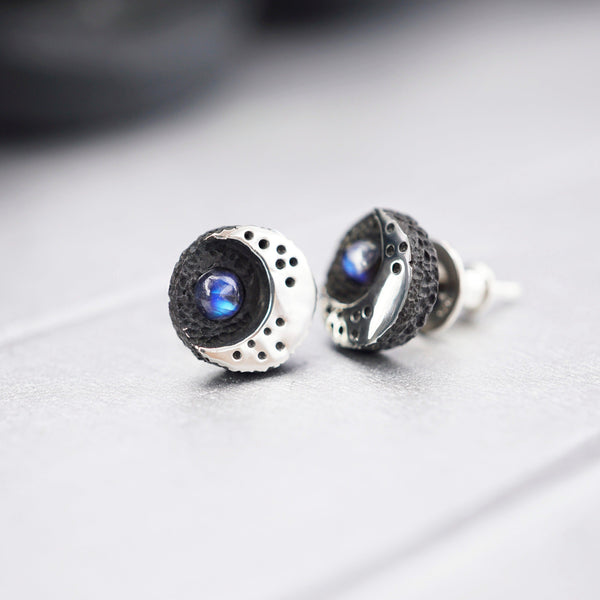 Luna crescent moon phase moonstone stud earrings with rainbow moonstone. ready to ship from EU