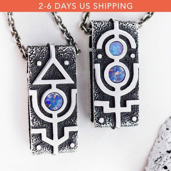 paired pendants made from the solid sterling silver and natural australian opals, handmade jewelry, jewelry with the meaning, cyberpunk jewelry, streetwear edgy jewelry 