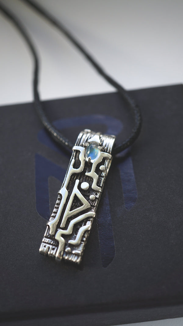 thurisaz rune pendant, silver pendant, moonstone pendant , rune jewelry, talisman , moonique , cyberpunk jewelry