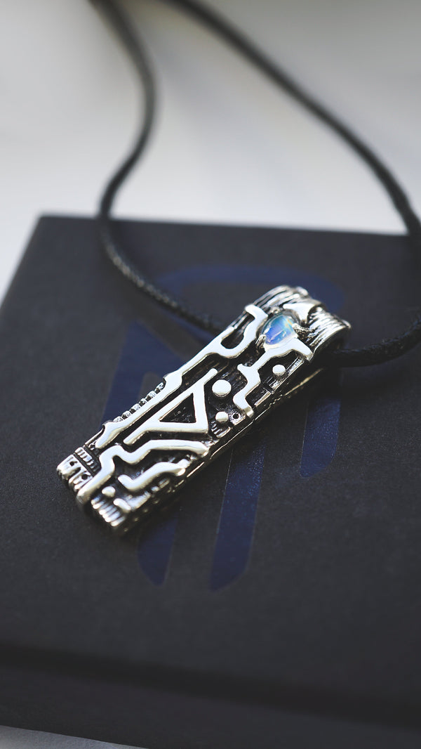 thurisaz rune pendant, silver pendant, moonstone pendant , rune jewelry, talisman , moonique , cyberpunk jewelry