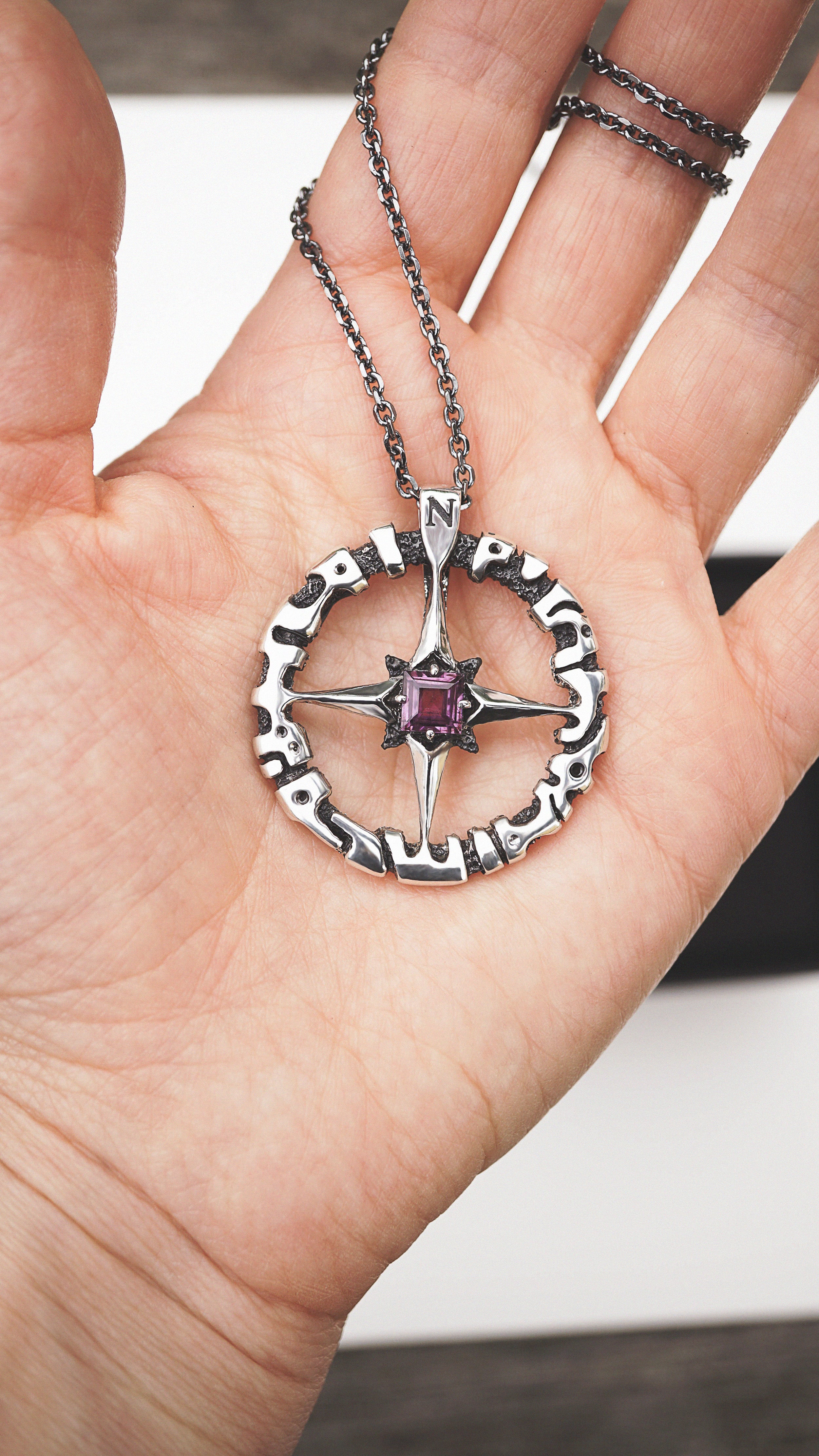 wind rose pendant, sterling silver and amethyst, rose compass necklace, compass pendant, compass rose, gift for travel lovers