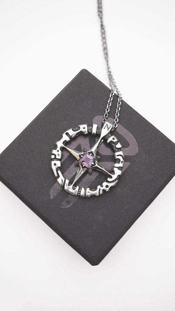 wind rose pendant, sterling silver and amethyst, rose compass necklace, compass pendant, compass rose, gift for travel lovers