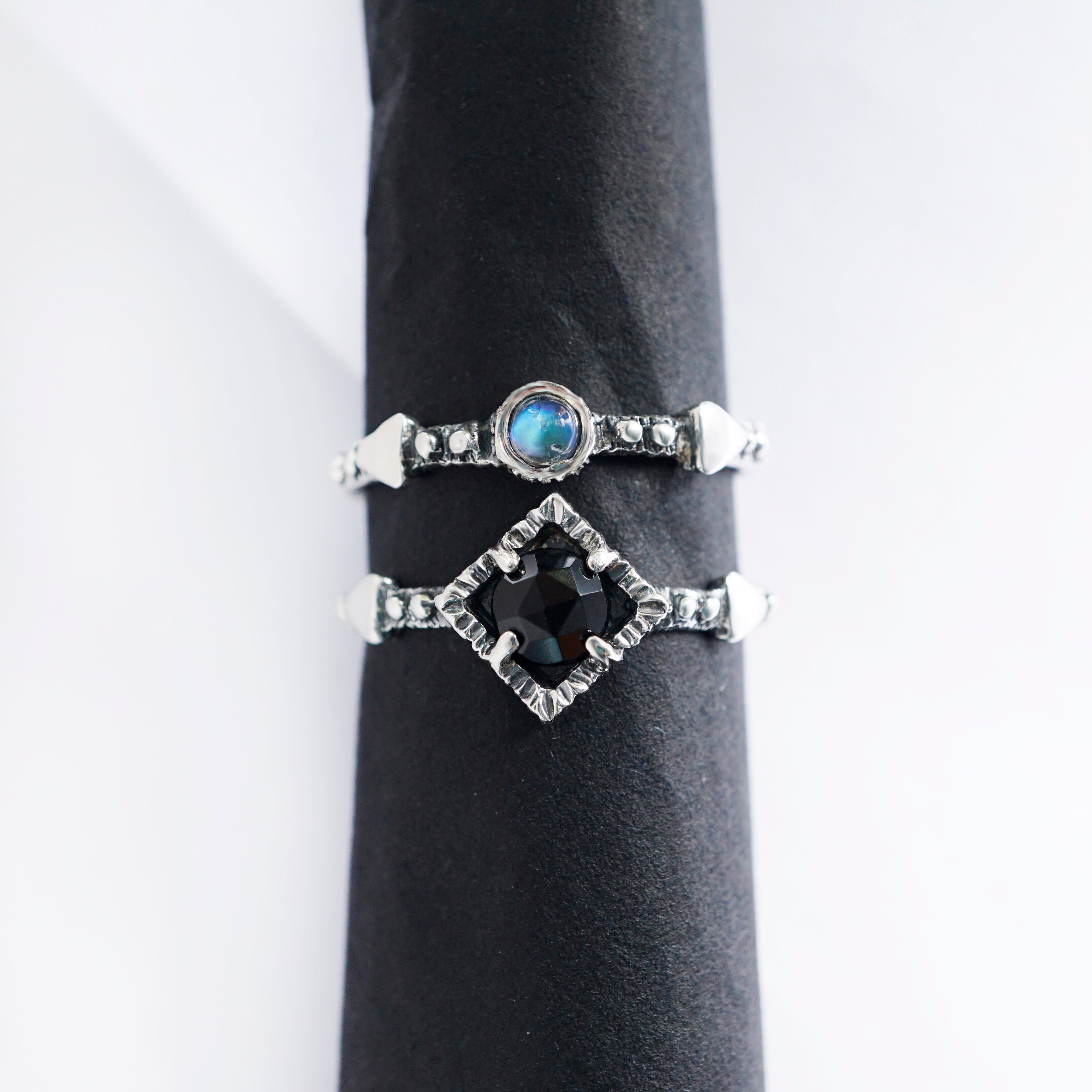 Stacking Moonstone and Black Onyx Rings set - BLACKBERRY