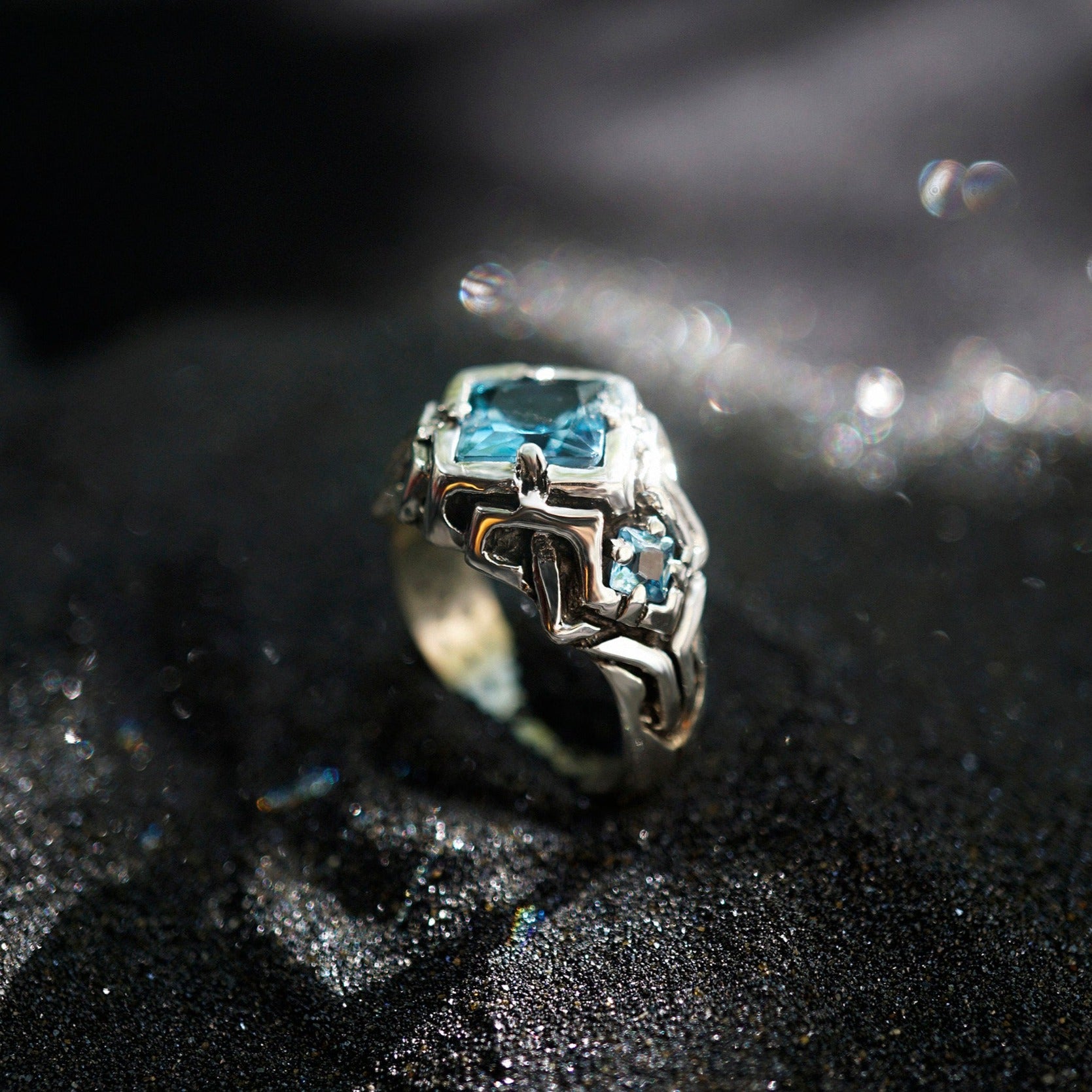 London Blue Topaz engagement ring, sterling silver, unique cyberpunk ring 