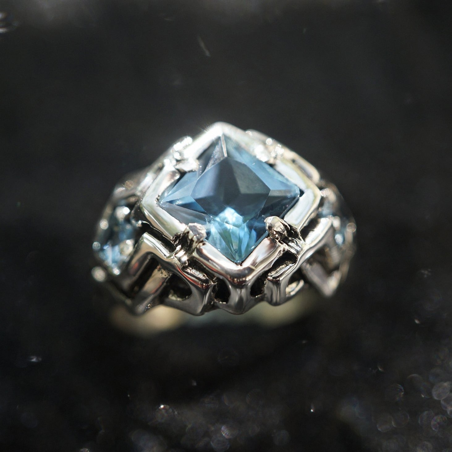 London Blue Topaz engagement ring, sterling silver, unique cyberpunk ring 