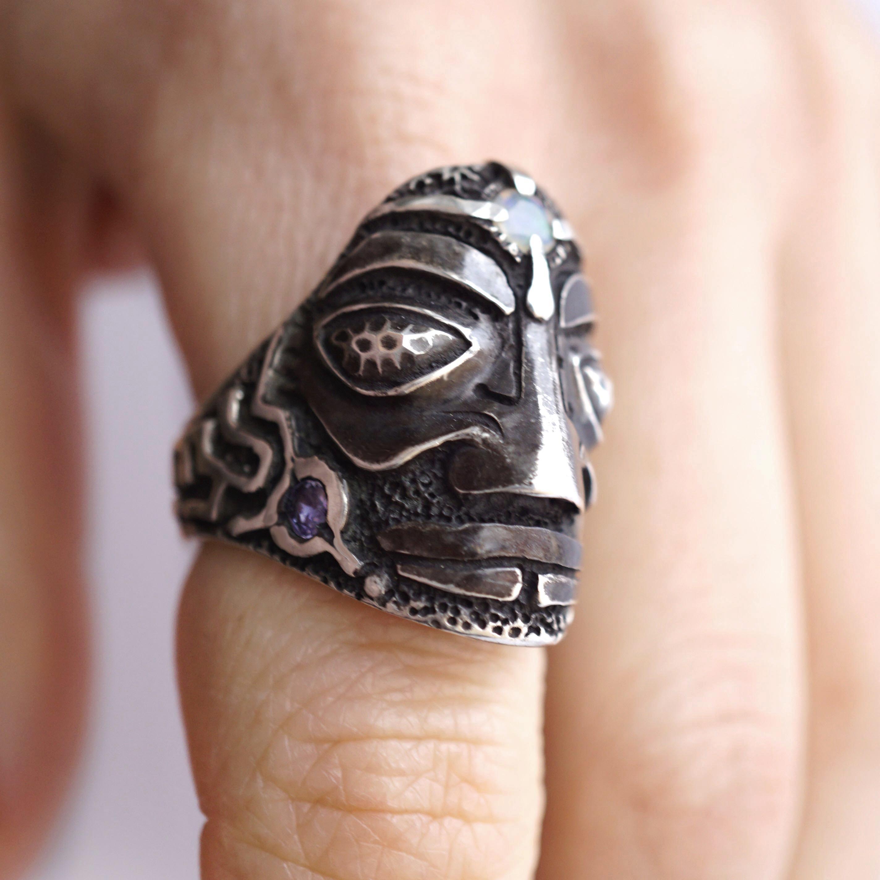 Mens Statement Face ring, sterling silver Opal and Tanzanite stones, Biker ring 