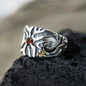 Unique silver statement ring with garnet and citrine gemstone RAIN
