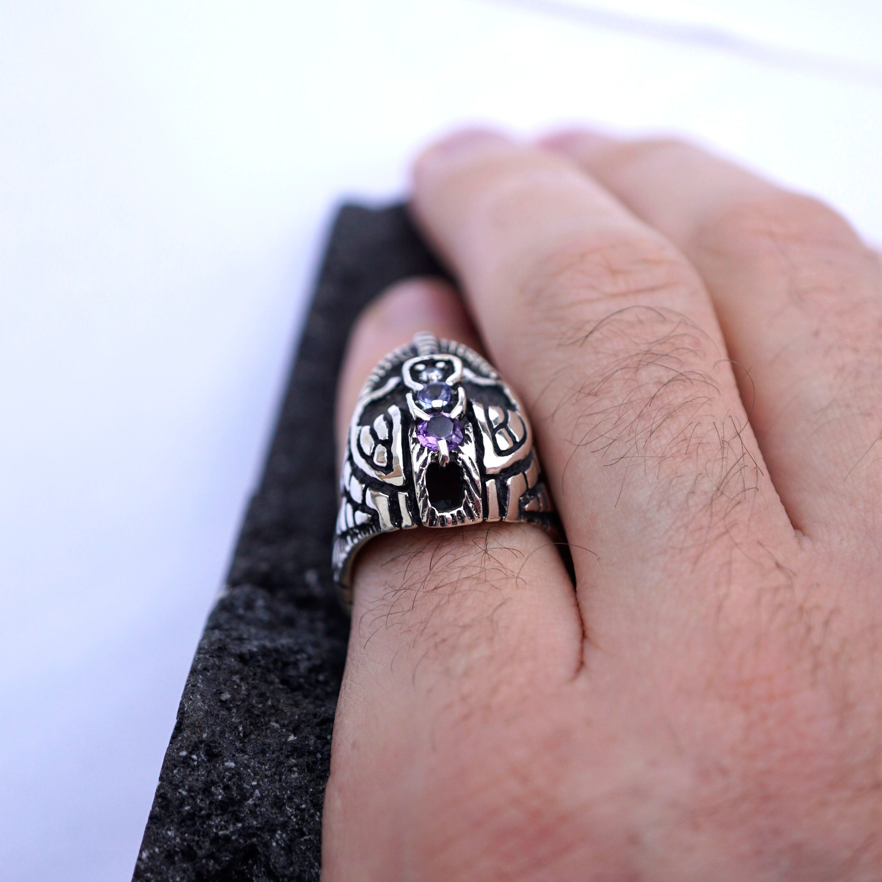 Mens Statement Face ring Mens signet helmet ring, sterling silver Sapphire Tanzanite and Amethyst gemstone HELMET