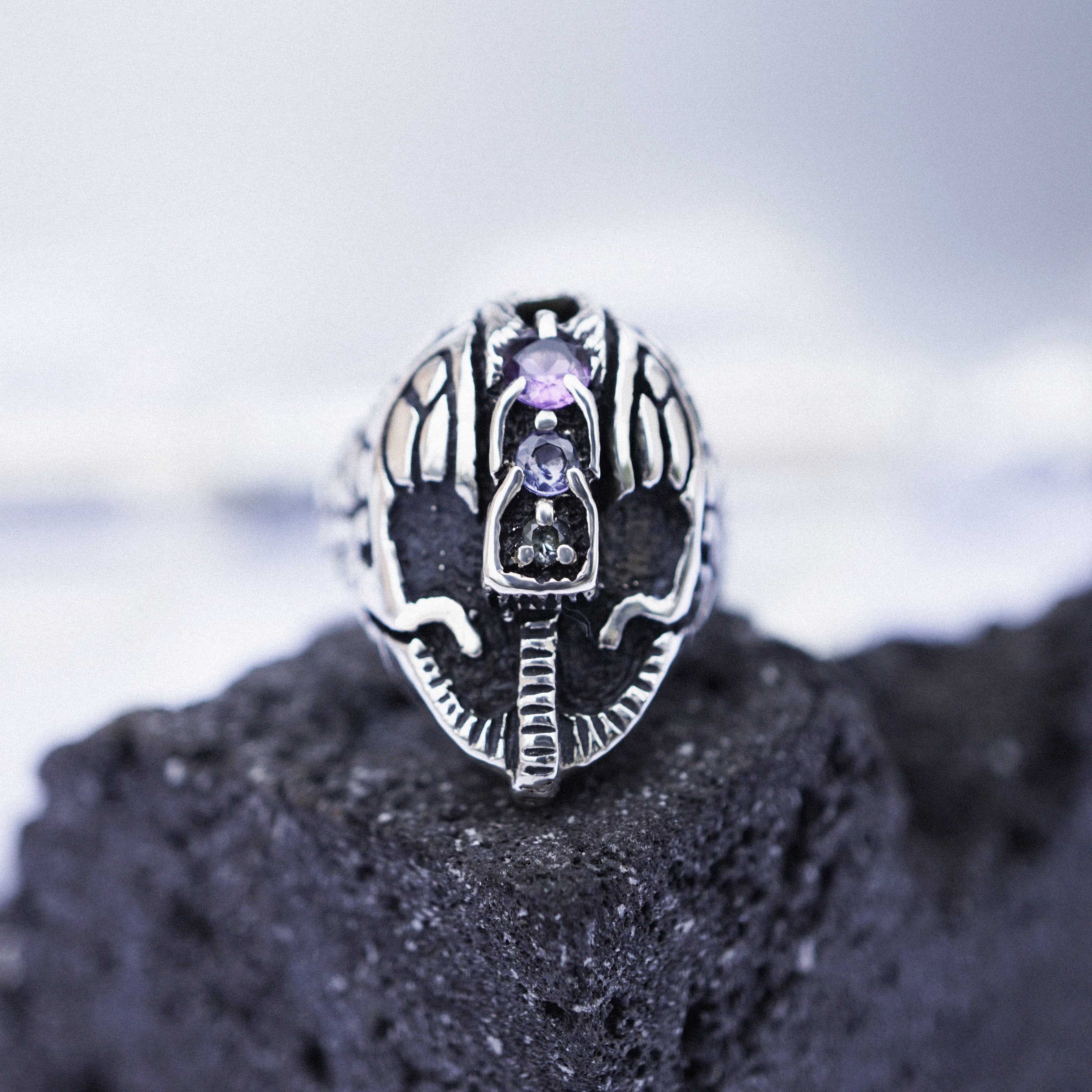 Mens Statement Face ring Mens signet helmet ring, sterling silver Sapphire Tanzanite and Amethyst gemstone HELMET