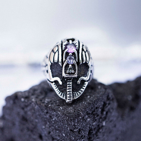 Mens Statement Face ring Mens signet helmet ring, sterling silver Sapphire Tanzanite and Amethyst gemstone HELMET