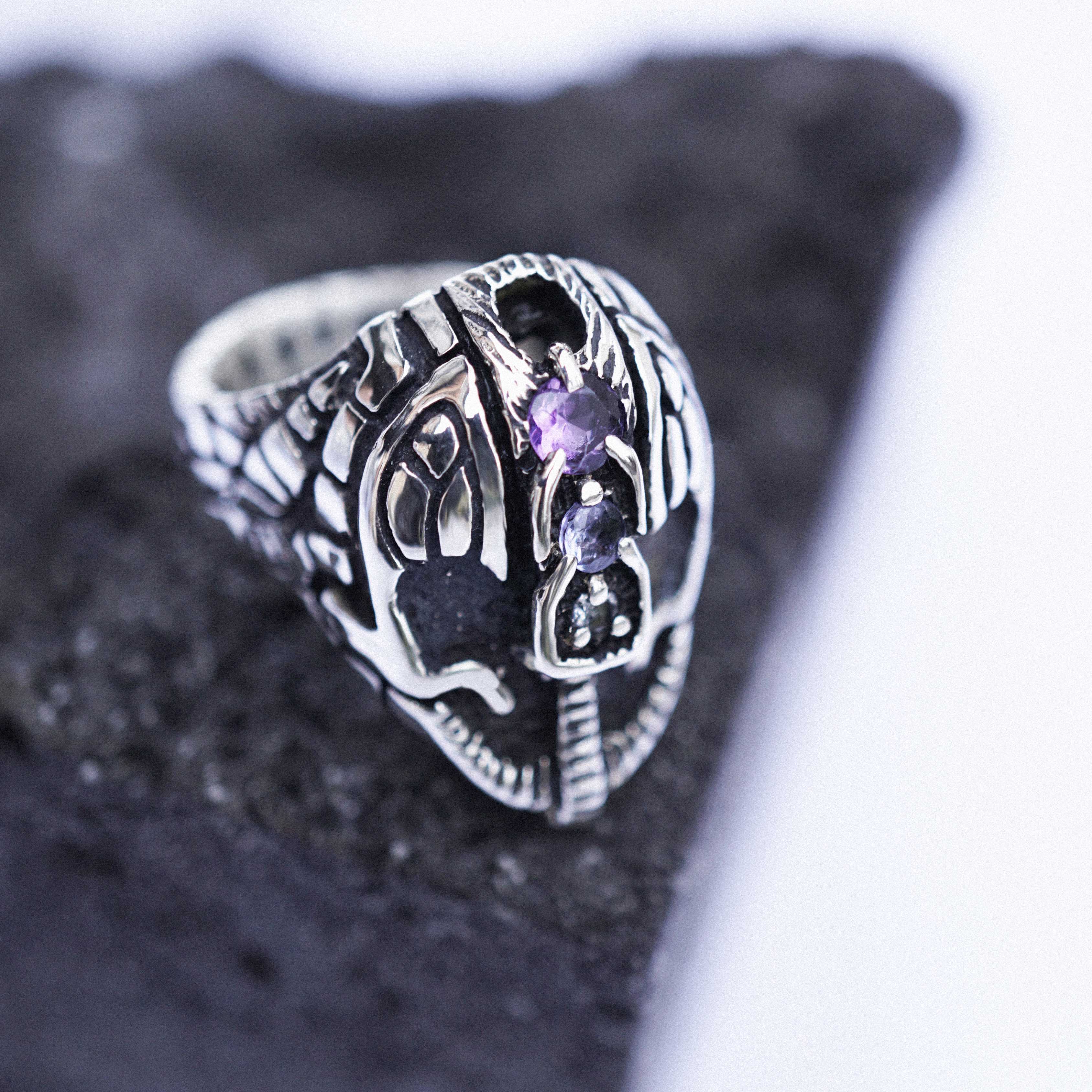 Mens Statement Face ring Mens signet helmet ring, sterling silver Sapphire Tanzanite and Amethyst gemstone HELMET