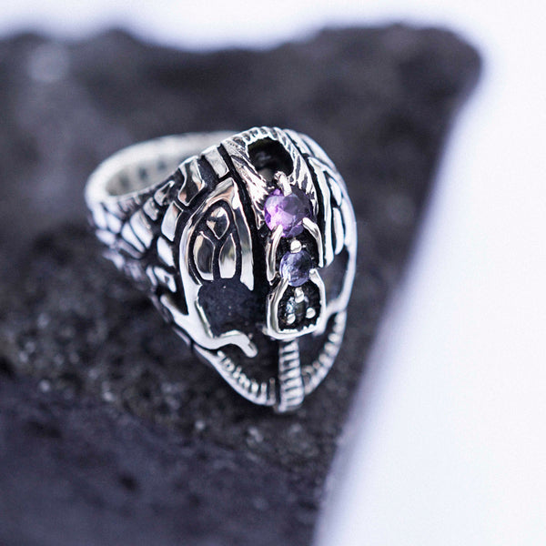 Mens Statement Face ring Mens signet helmet ring, sterling silver Sapphire Tanzanite and Amethyst gemstone HELMET