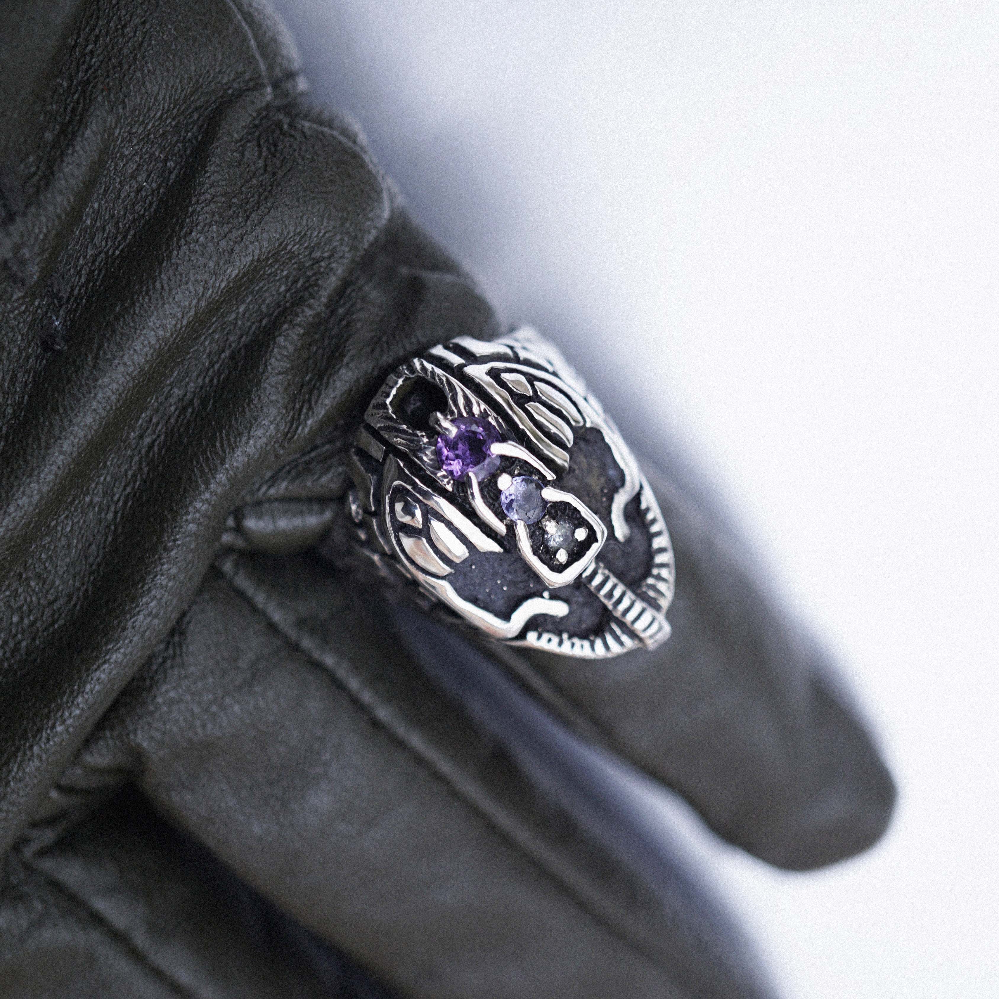 Mens Statement Face ring Mens signet helmet ring, sterling silver Sapphire Tanzanite and Amethyst gemstone 