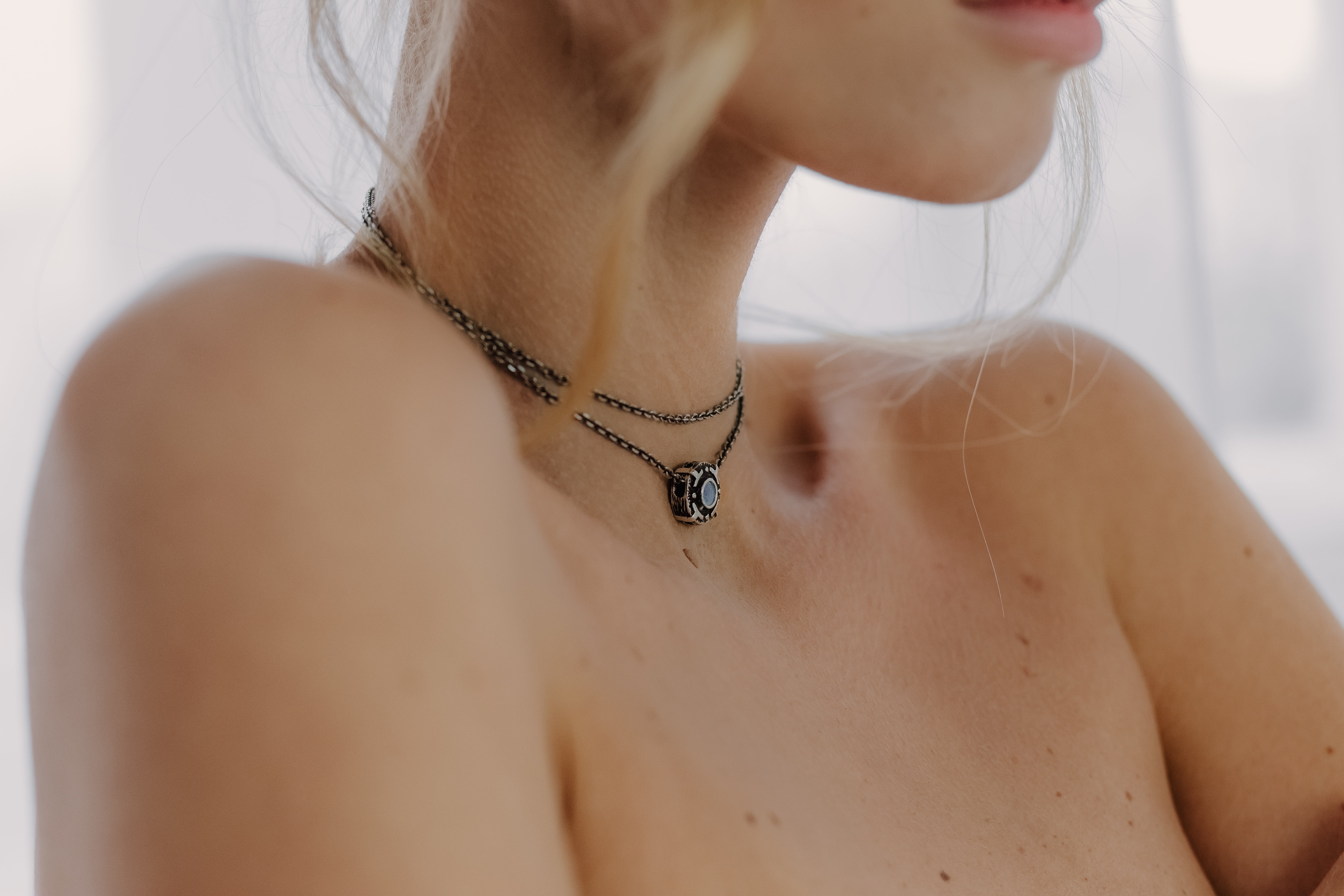 Women's choker pendant made from high quality oxidized solid sterling silver and Natural Australian blue Opal gemstone. Wearing on naked women. Opal necklace, Small Opal silver pendant, October birthstone Unique necklace 