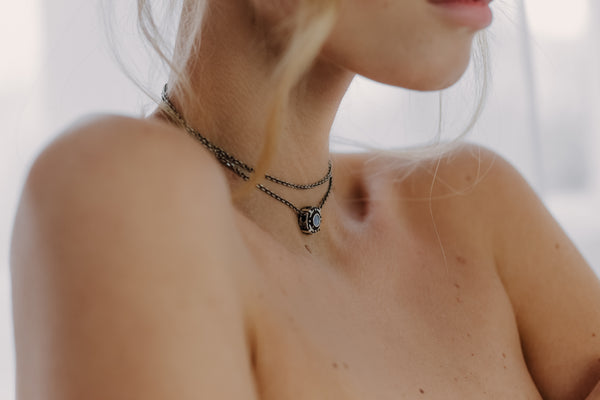 Women's choker pendant made from high quality oxidized solid sterling silver and Natural Australian blue Opal gemstone. Wearing on naked women. Opal necklace, Small Opal silver pendant, October birthstone Unique necklace "LeeLoo" Ready to ship gift for her by Moonique