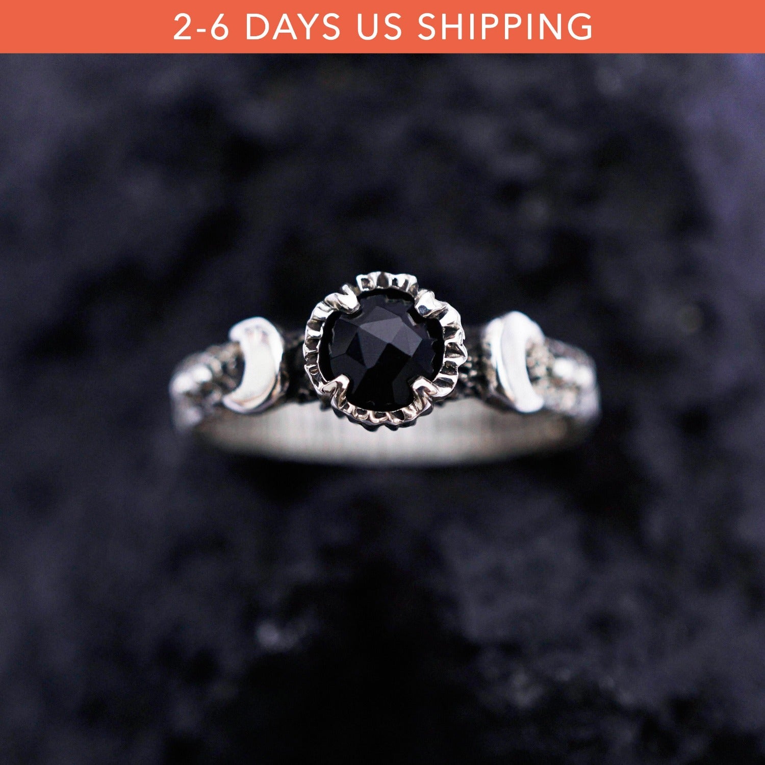 Black Moon ring Gothic engagement ring Black Onyx ring Moon phases ring from the Sterling silver 925 
